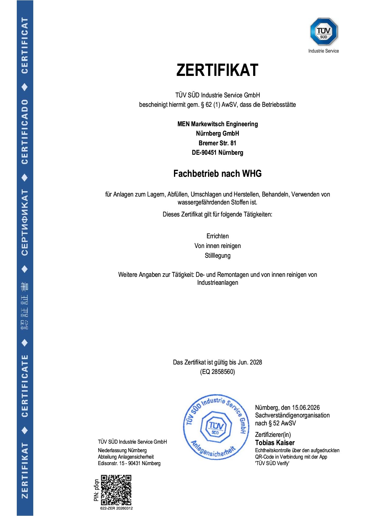 Zertifikat Fachbetrieb nach WHG der MEN Markewitsch Engineering Nürnberg GmbH (TÜV SÜD)
