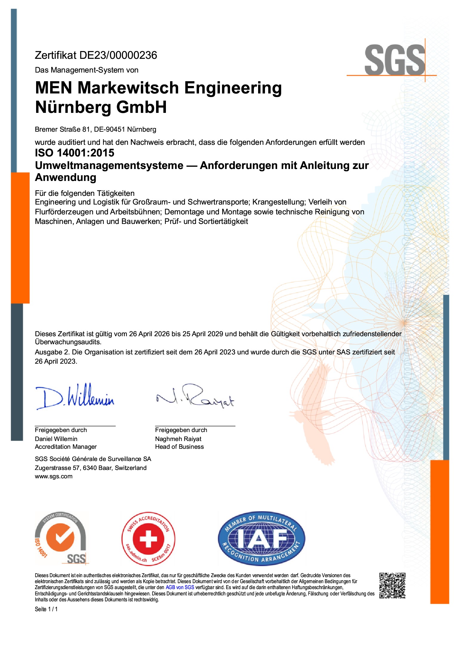 Zertifikat ISO 14001:2015 der MEN Markewitsch Engineering Nürnberg GmbH