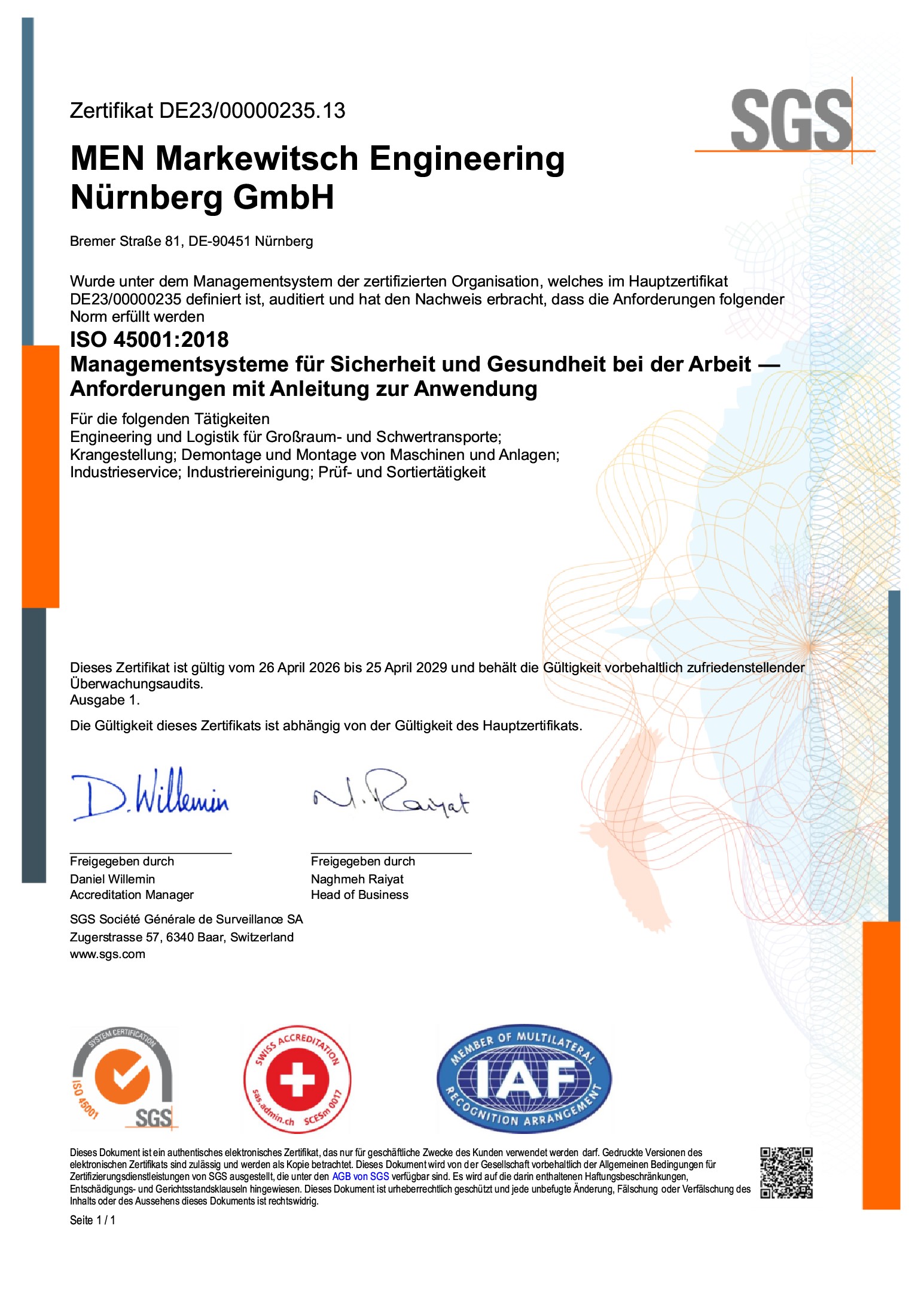 Zertifikat ISO 45001:2018 der MEN Markewitsch Engineering Nürnberg GmbH