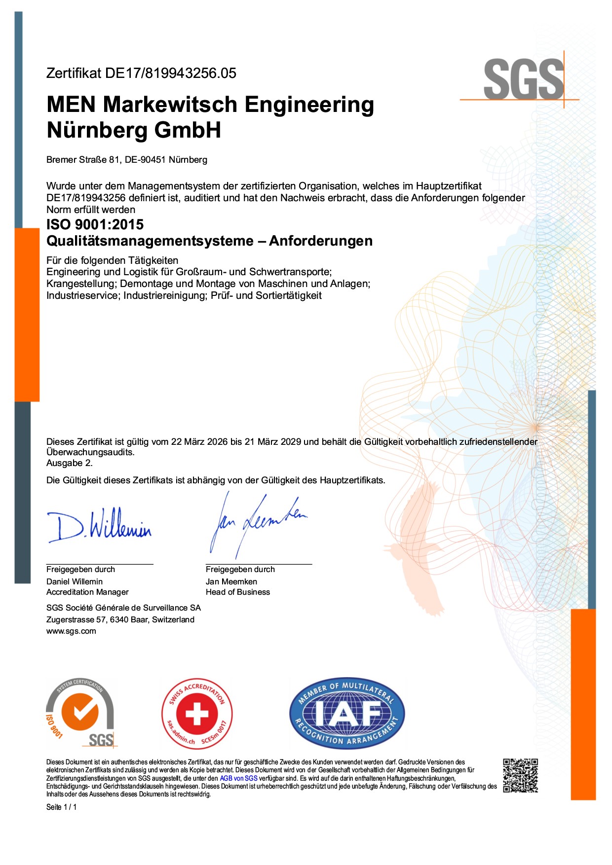 Zertifikat ISO 9001:2015 der MEN Markewitsch Engineering Nürnberg GmbH