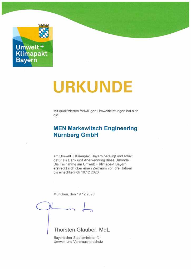 Urkunde zur Teilnahme der MEN Markewitsch Engineering Nürnberg GmbH am Umwelt + Klimapakt Bayern